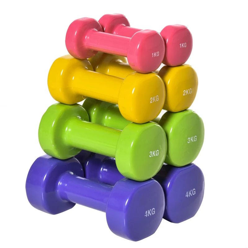 HOMCOM Set 4 Gantere Hexagonale de 20 kg în Total din Oțel și PU de la 1 la 4 kg, Multicolor