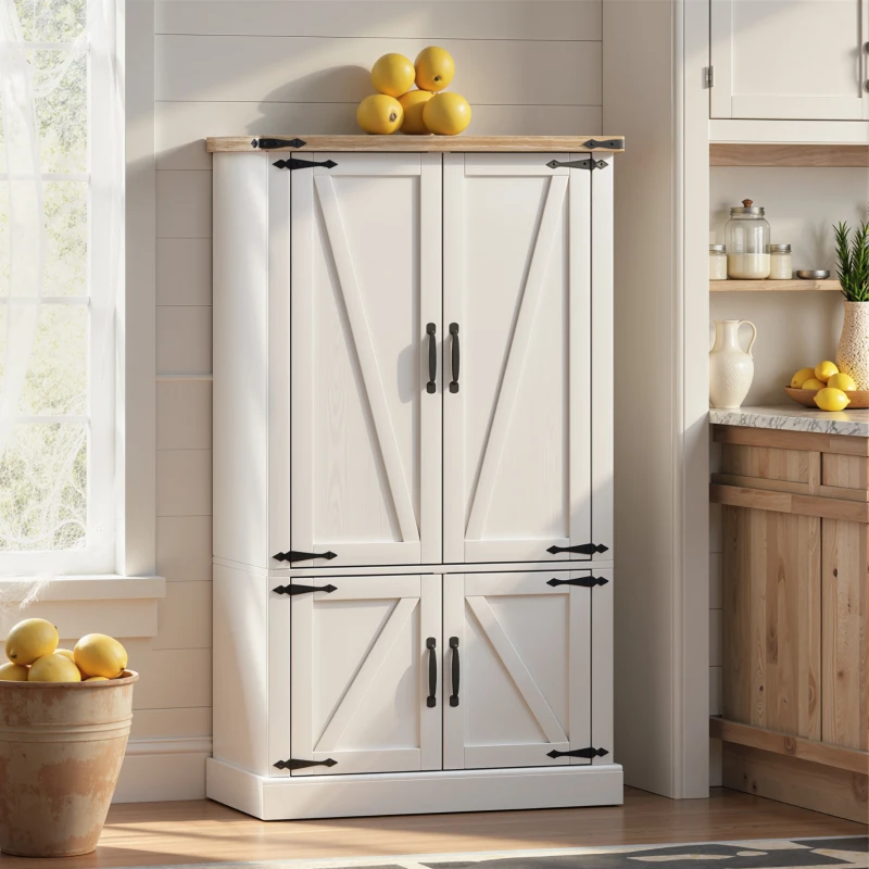 HOMCOM Buffet de cuisine, armoire de cuisine avec 4 portes, 6 porte-épices et étagères réglables, 76,3 x 40 x 136 cm, blanc