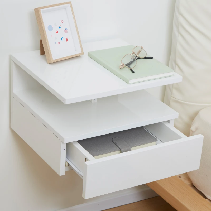 HOMCOM Juego de 2 Mesitas de Noche Colgantes con 1 Cajón y Estante Abierto para Dormitorio 35x32x22,5 cm Blanco