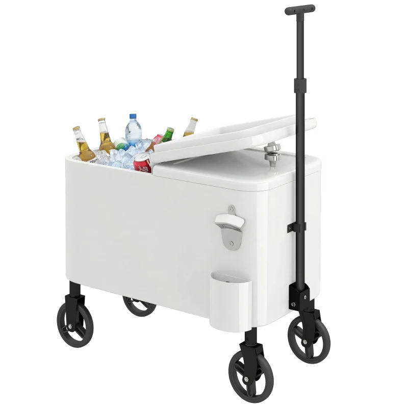 Outsunny Carrito Nevera de 56L con Ruedas Mango Ajustable Abrebotellas Recogetapas Drenaje y Asa 75x35x120 cm Blanco