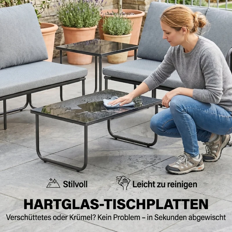 Outsunny Conjunto de Jardim de 4 Peças Móveis de Exterior com 2 Sofás de 2 Lugares 2 Mesas de Vidro Almofadas Capas Removíveis Cinzento