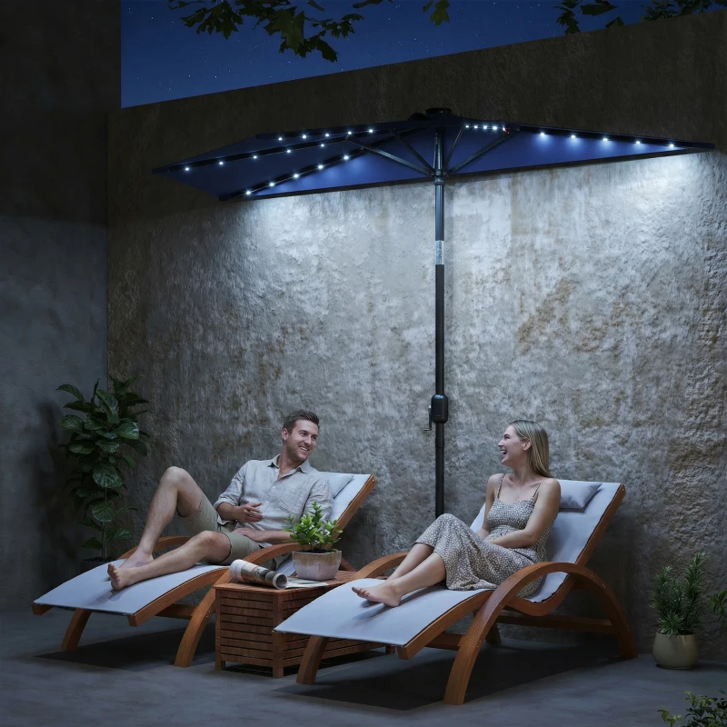 Outsunny 2.6 m Half Garden Parasol with Solar LED Lights, UPF50+ Semi Round Umbrella with 30° Tilt, Crank Handle, Dark Blue