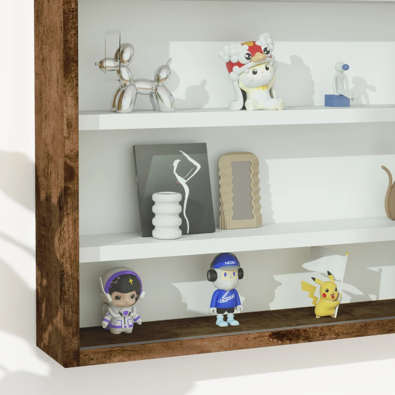 HOMCOM Bacheca Portaoggetti a 4 Ripiani Regolabili, Vetrina a Muro in Vetro e Legno, 80x9.5x60 cm, Marrone