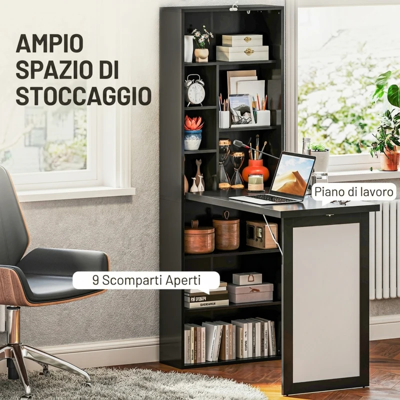 HOMCOM Scrivania Moderna Pieghevole con Libreria e Lavagna, in Legno e Metallo, 98x51x153 cm, Nero