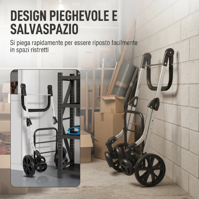 HOMCOM Carrello Spesa Pieghevole in Alluminio con Ruote, Borsa da 46L, Scomparto Refrigerato, Manico Regolabile, Grigio