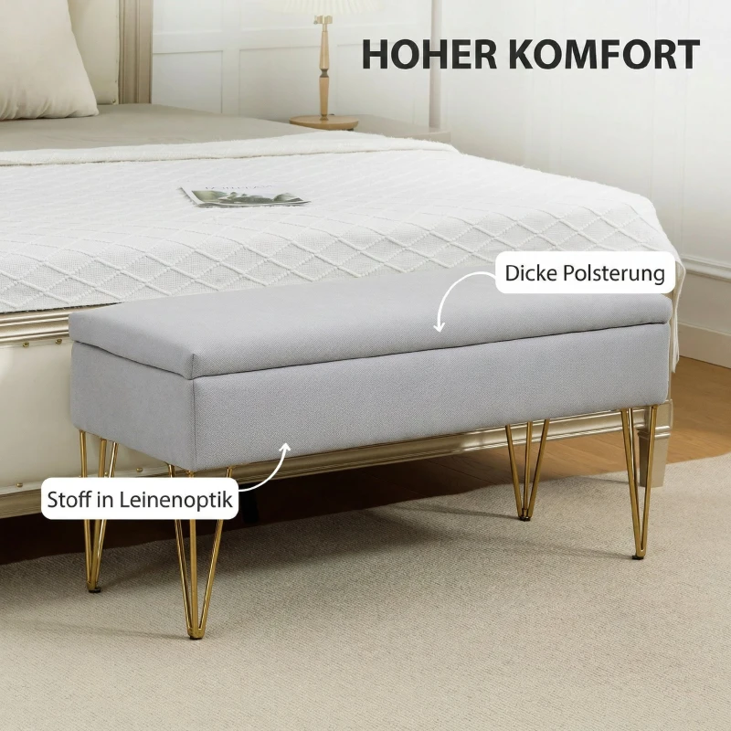 HOMCOM Banco para o Pé da Cama Estofado em Tecido Sintético com Pernas de Aço e Assento Acolchoado Cinzento Claro