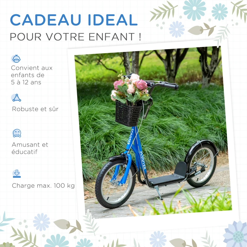 HOMCOM Trottinette patinette Enfant Grandes Roues pneumatiques Guidon réglable Frein AV-AR Garde-Boue béquille Panier métal Bleu Noir