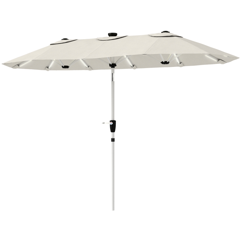 Outsunny 3 m Double-Sided Garden Parasol with LED Solar Lights, Tilt, Outdoor Extra Large Sun Umbrella with Crank Handle, Cream