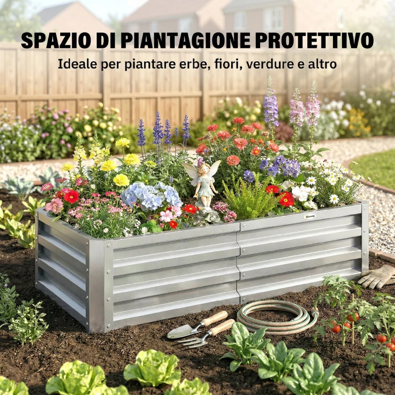 Outsunny Letto per Orto Rialzato a Fondo Aperto con Rivestimento in Acciaio Zincato, 120x60x30.5 cm, Argento
