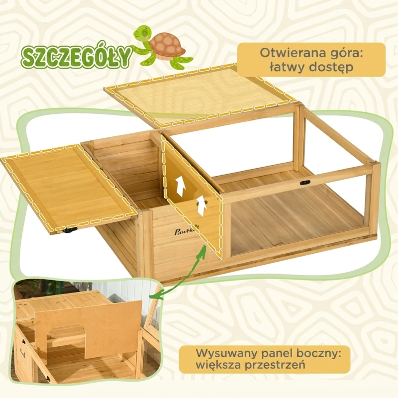 PawHut Terrarium dla żółwia drewniany domek żółwiarnia wybieg dla gadów dwustrefowy otwierany daszek 91x60,5x32 cm żółty
