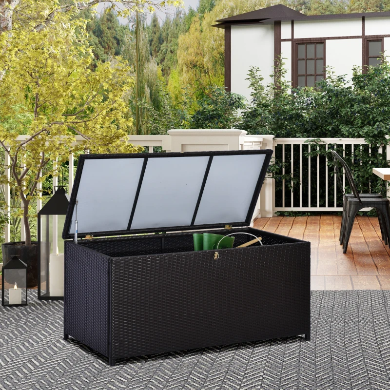 Outsunny Baule da Esterno da 284L con Pistone a Gas, Rattan PE e Acciaio, 118x54x59 cm, Marrone Scuro