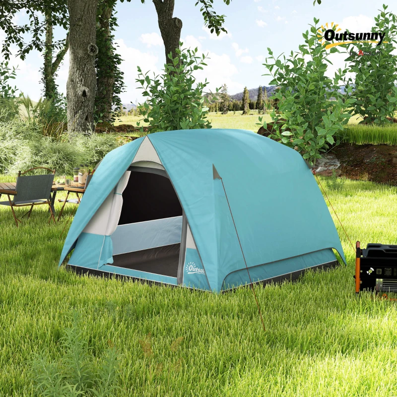 Outsunny Camping Tent, Easy Set Up 2-3 Man Tent with Sewn-in Groundsheet, 3000 mm Dome Tent w/ Mesh Windows, Navy Blue/Light Blue
