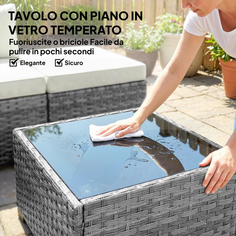 Outsunny Mobili da Giardino 6pz in Rattan e Acciaio con Divano, Tavolino e Cuscini, Grigio