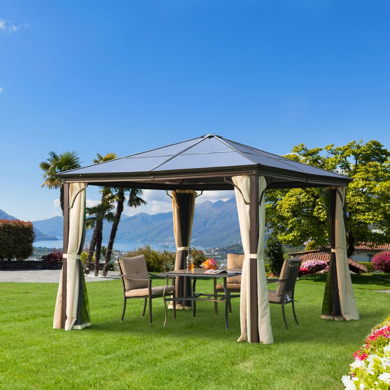 Outsunny Tonnelle pavillon de jardin imperméable 4 parois latérales anti-UV 4 moustiquaires panneaux polycarbonate alu 3L x 3l x 2,6H m chocolat beige