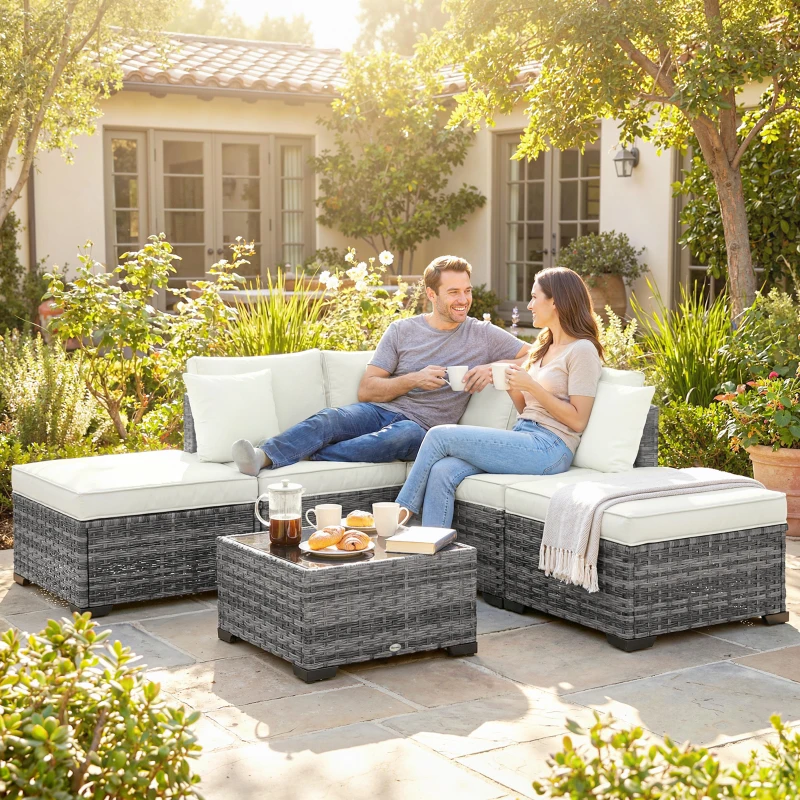 Outsunny Mobili da Giardino 6pz in Rattan e Acciaio con Divano, Tavolino e Cuscini, Grigio