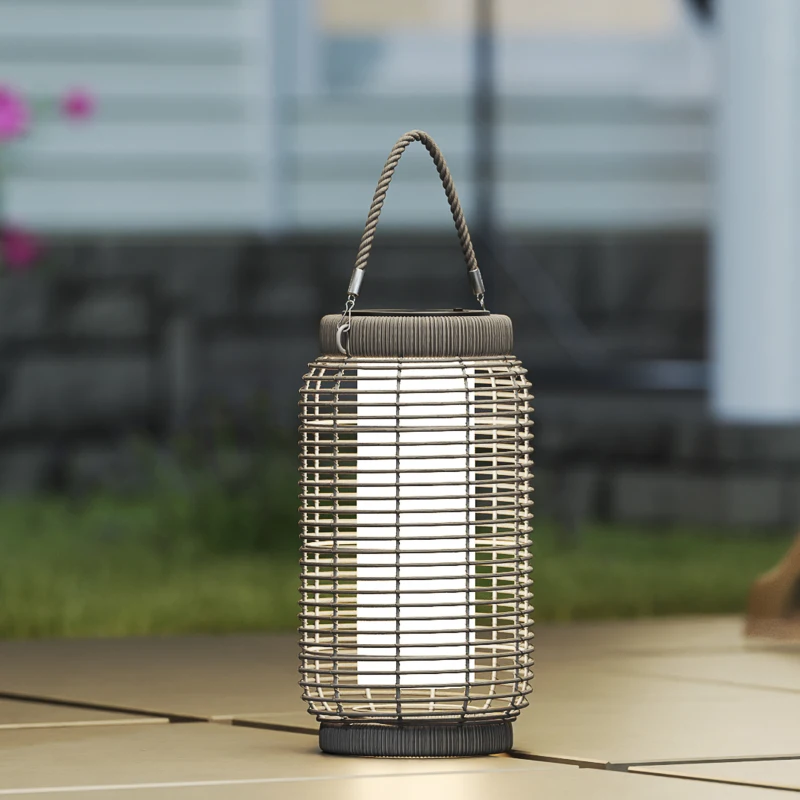 Outsunny Lampadaire d'extérieur solaire en résine tressée luminaire LED de jardin en acier marche/arrêt automatique gris