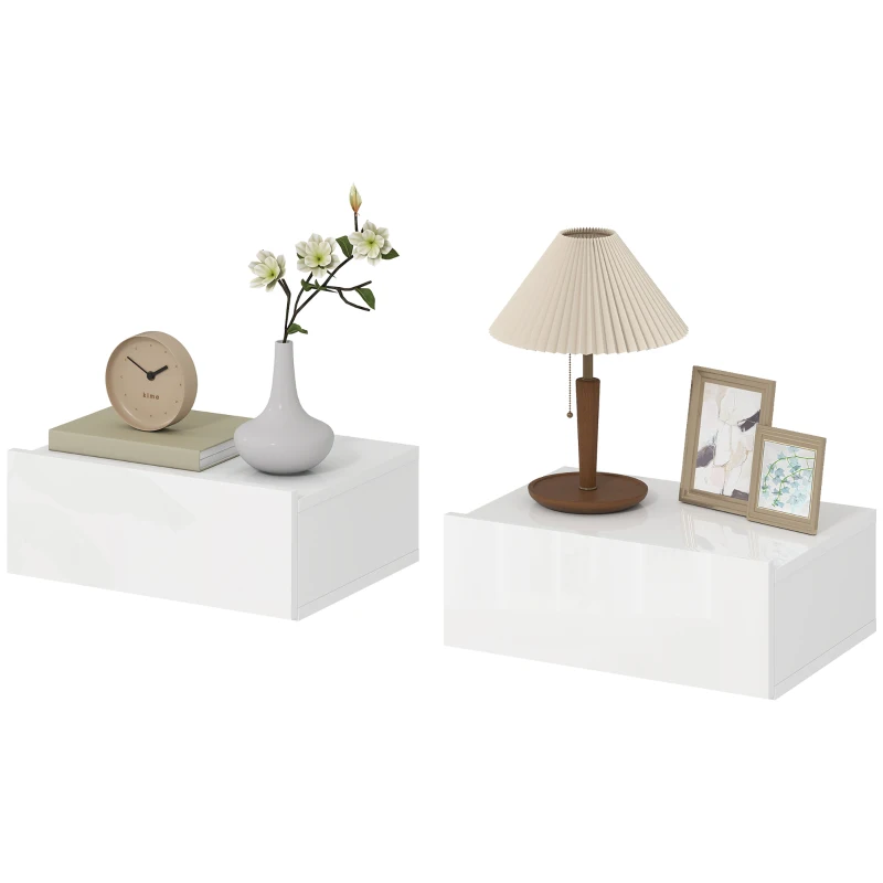 HOMCOM Juego de 2 Mesitas de Noche Flotantes con 1 Cajón Montado en la Pared Estilo Moderno para Dormitorio 40x30x15 cm Blanco