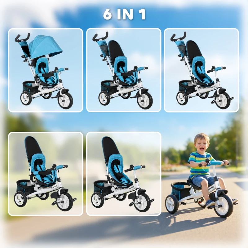 HOMCOM 6 in 1 Kids Trike with Parent Handle, Canopy, 5-point Seat Belt, Storage, Footrest, Brake, for 1-5 Years, Blue