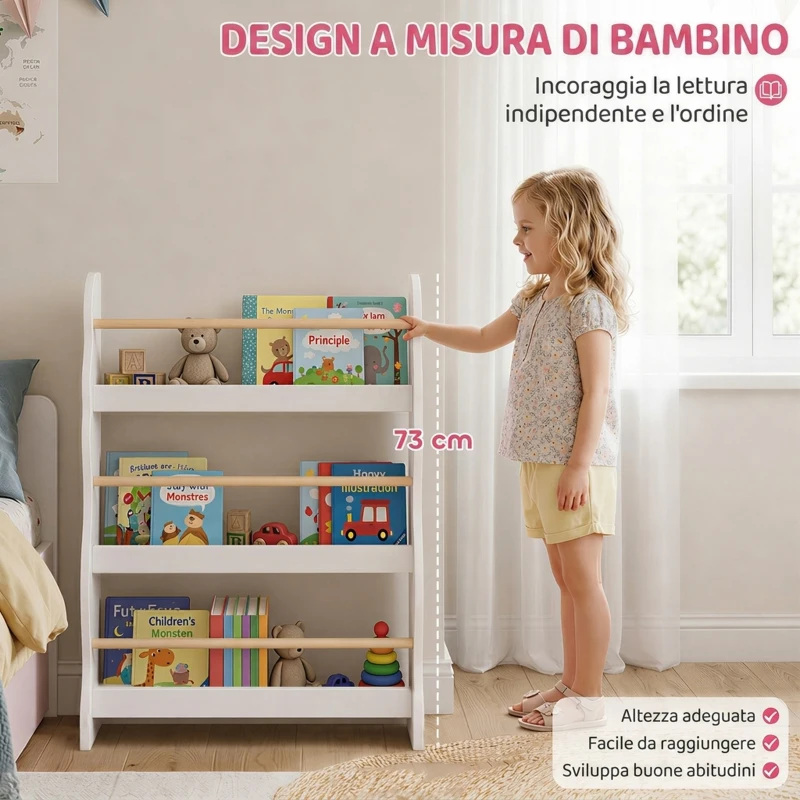 AIYAPLAY Libreria Montessoriana per Bambini 3-8 Anni a 3 Ripiani, 60x15x73 cm, per Cameretta, Bianco
