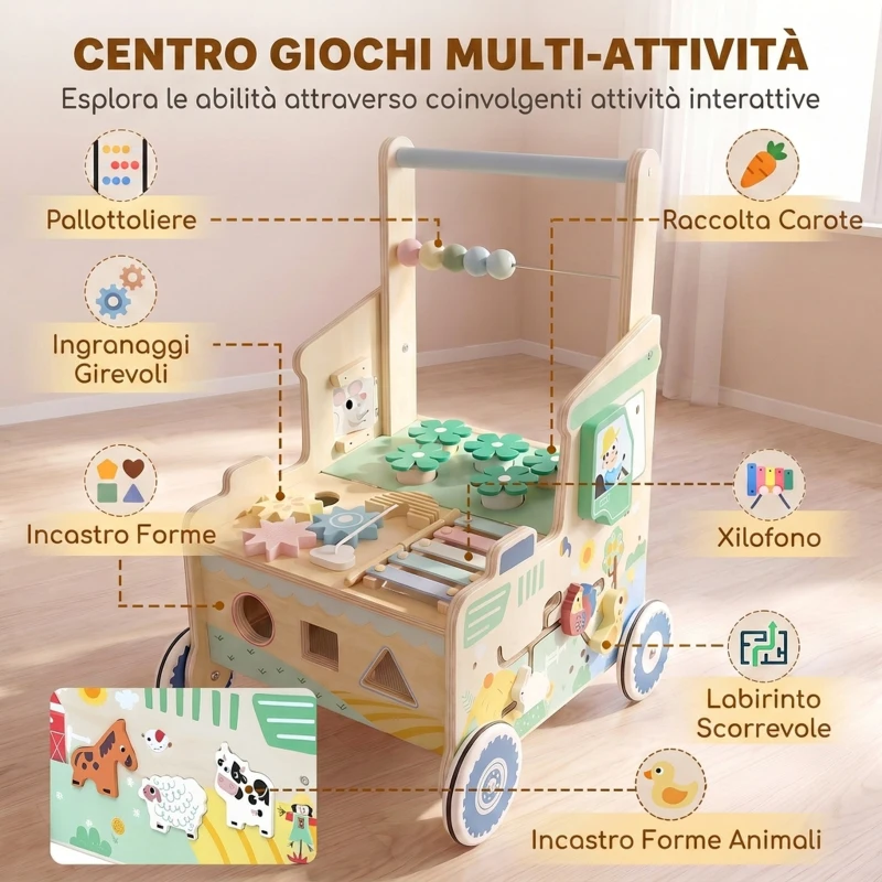 AIYAPLAY Girello per Bambini in Legno, Carrello Primi Passi con Vano Portaoggetti, per Bambini 1-3 Anni, Verde