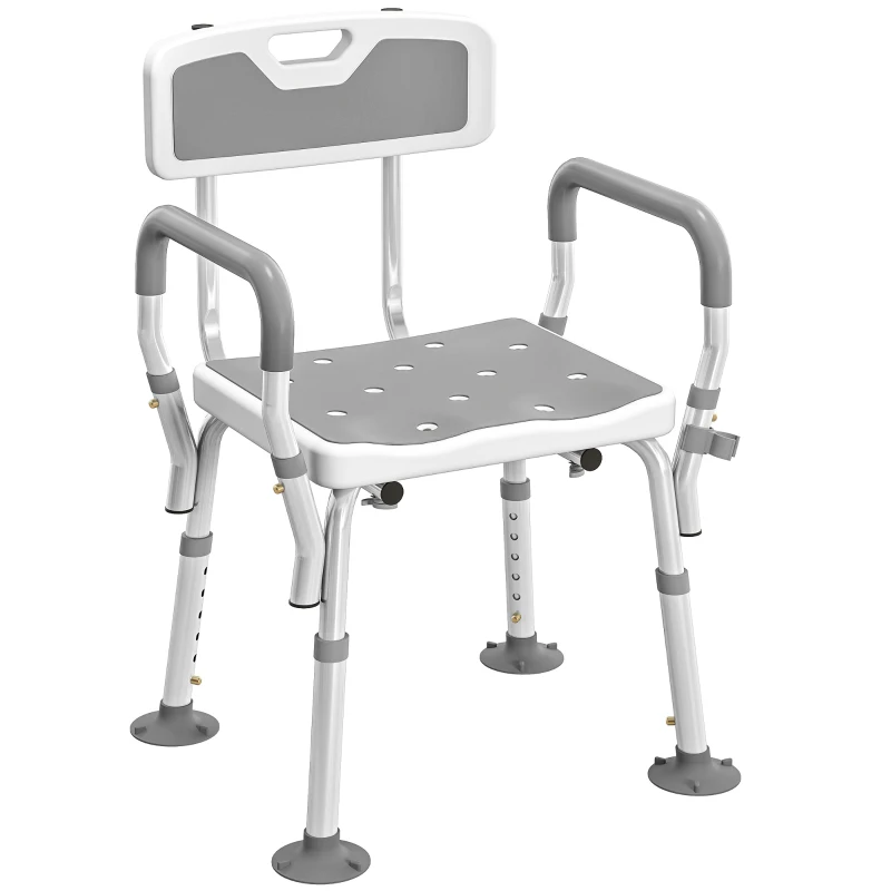 HOMCOM EVA Padded Shower Chair for the Elderly and Disabled, Height Adjustable Shower Stool with Back and Arms, 4 Suction Foot Pads, Light Grey