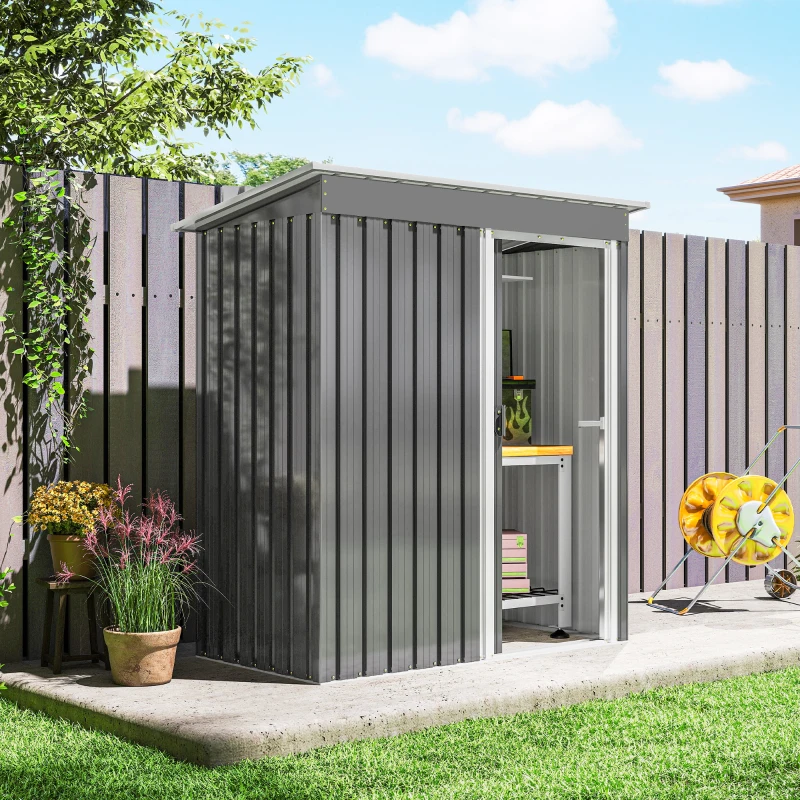 Outsunny Capanno Attrezzi con Tetto Inclinato e Porta Scorrevole, in Acciaio e PP, 163x89x182 cm, Grigio Chiaro