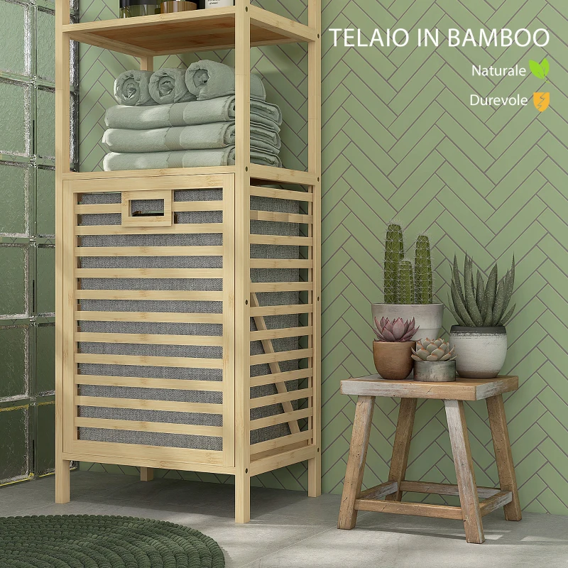 HOMCOM Colonna Bagno con 3 Ripiani in Legno di Bambù e Cesto Portabiancheria in Tessuto, 44x33x160cm