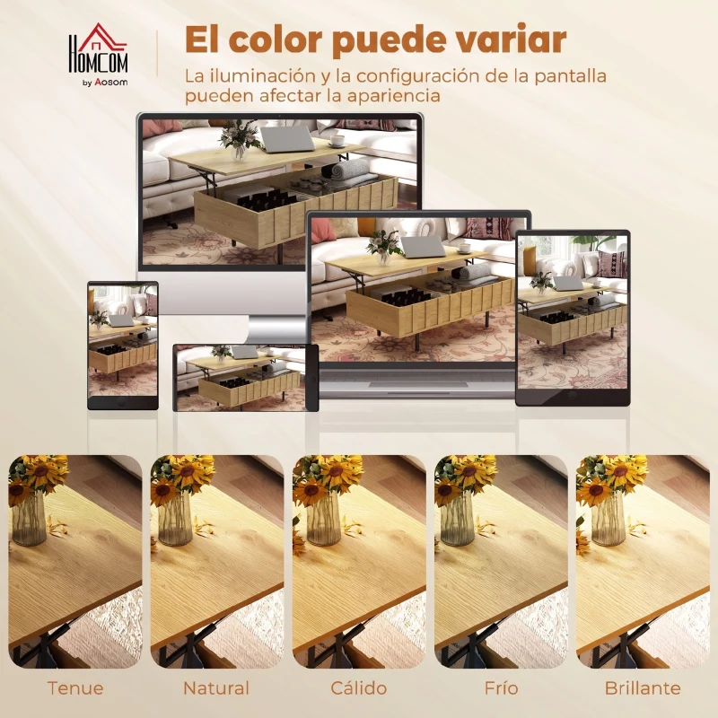 HOMCOM Mesa de Centro Elevable Mesa de Café para Salón con 2 Compartimentos Ocultos Patas de Metal 110x55x36,5 cm Roble