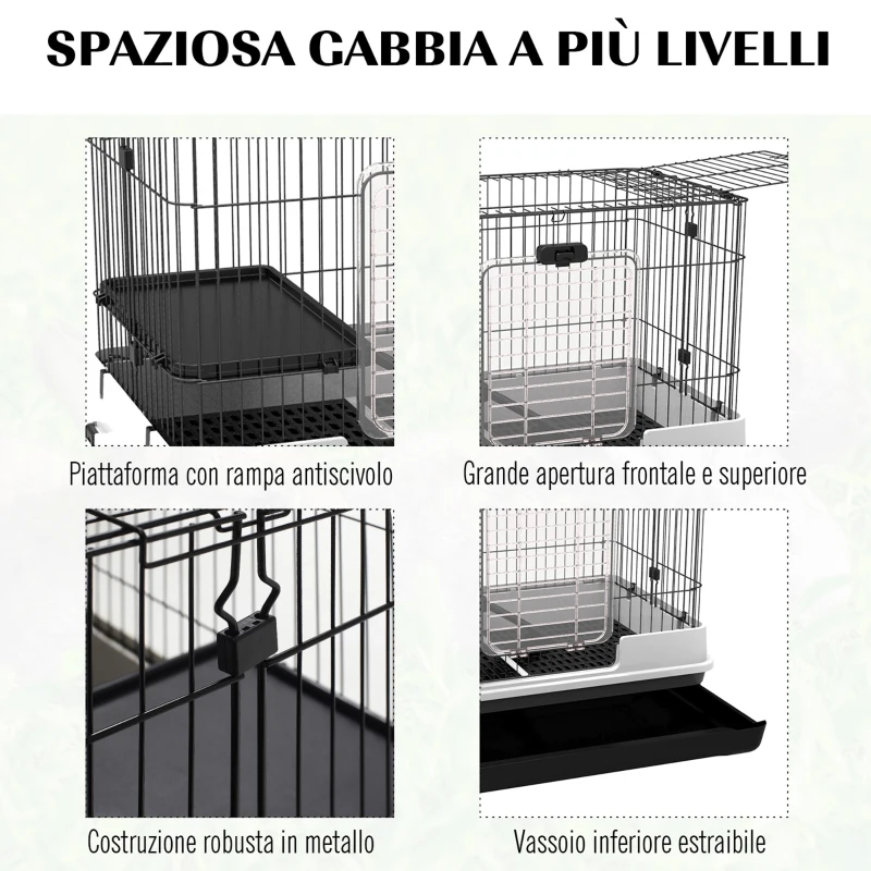 PawHut Gabbietta per Conigli Porcellini d'India in Metallo Nero con 2 Porte e Vassoio Estraibile 81.2x52.7x70cm