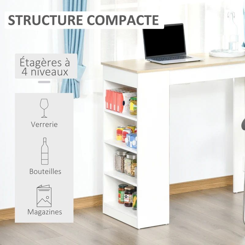 HOMCOM Table de bar pour 2 personnes, table haute mange debout avec 4 étagères ouvertes, 115x50x102,7cm, blanc et bois naturel