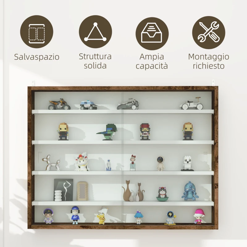 HOMCOM Bacheca Portaoggetti a 4 Ripiani Regolabili, Vetrina a Muro in Vetro e Legno, 80x9.5x60 cm, Marrone