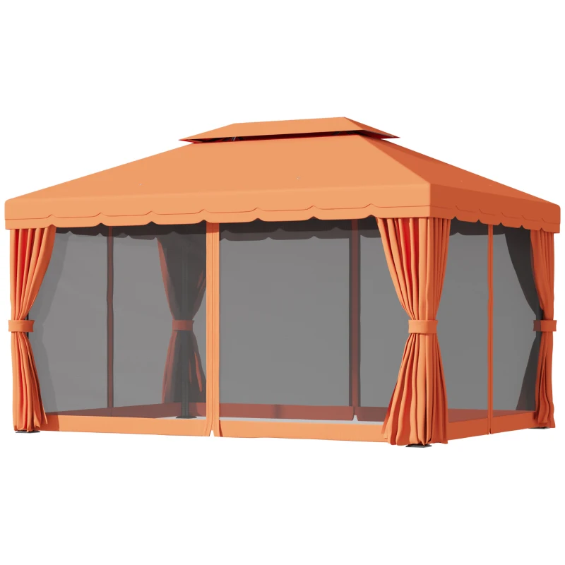 Outsunny Gazebo da Giardino 4x3m con Doppio Tetto e Tende Laterali, Arancione