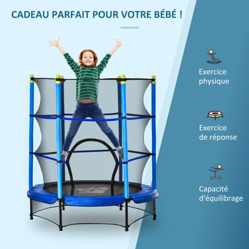HOMCOM Trampoline Enfant Ø 1,40 × 1,60H m Filet de sécurité Porte zipée Couvre-Ressorts 6 poteaux rembourrés Inclus Bleu