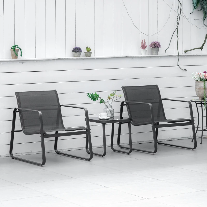 Outsunny Conjunto de Muebles de Jardín 3 Piezas Muebles de Jardín Exterior Incluye 1 Mesa de Vidrio Templado y 2 Sillas con Reposabrazos y Respaldo Transpirable para Terraza Balcón Negro