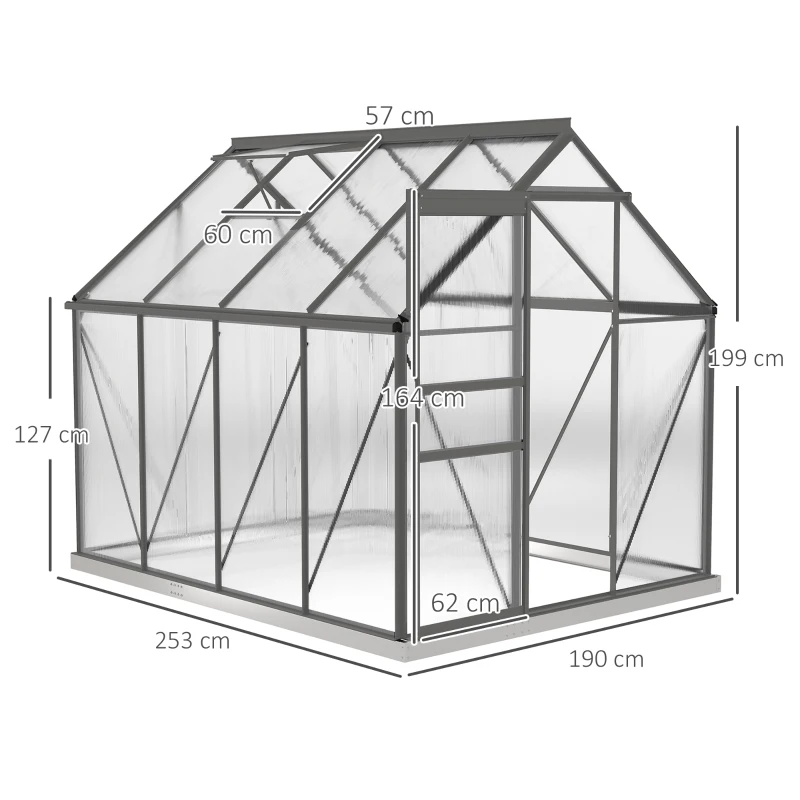 Outsunny Serra in Policarbonato e Alluminio con Finestra Apribile e Porta Scorrevole, 190x253x199 cm, Grigio Scuro