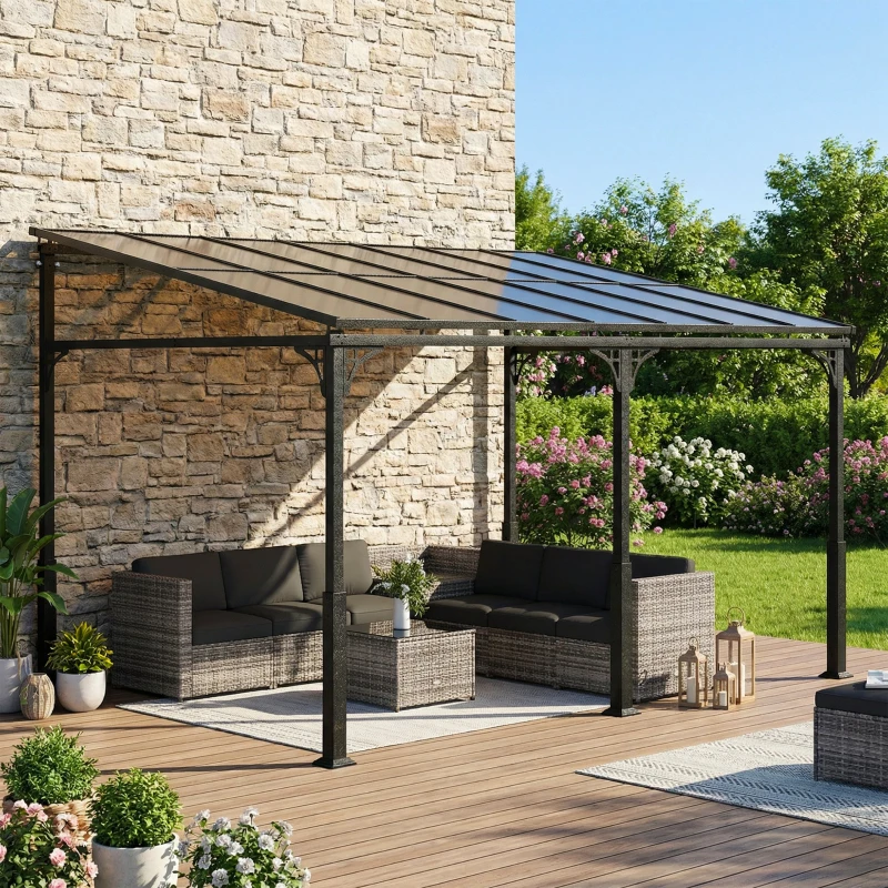 Outsunny Pergola Addossata 4x3 m con Tetto in Policarbonato, Metallo e Alluminio con Viti, Marrone