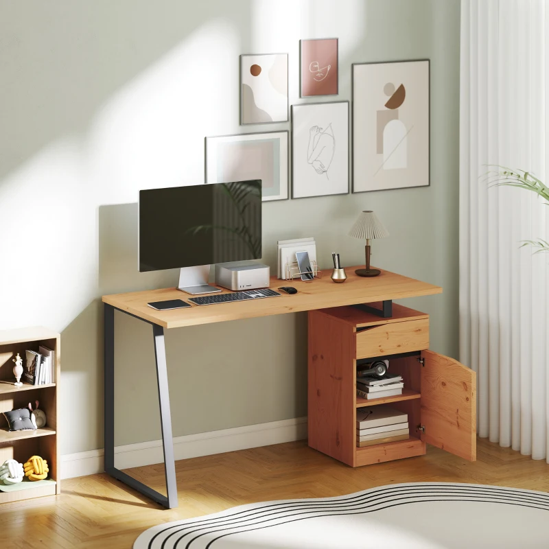 HOMCOM Computer Desk, Writing Desk with Cabinet, Drawer, Metal Legs, Work Table for Home Office Study, Natural Wood Finish