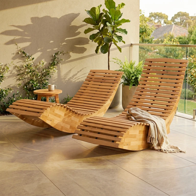 Outsunny Conjunto de 2 Sillas Mecedoras de Jardín de Madera Ergonómica Plegable con Diseño Listonado 60x156x77 cm Natural
