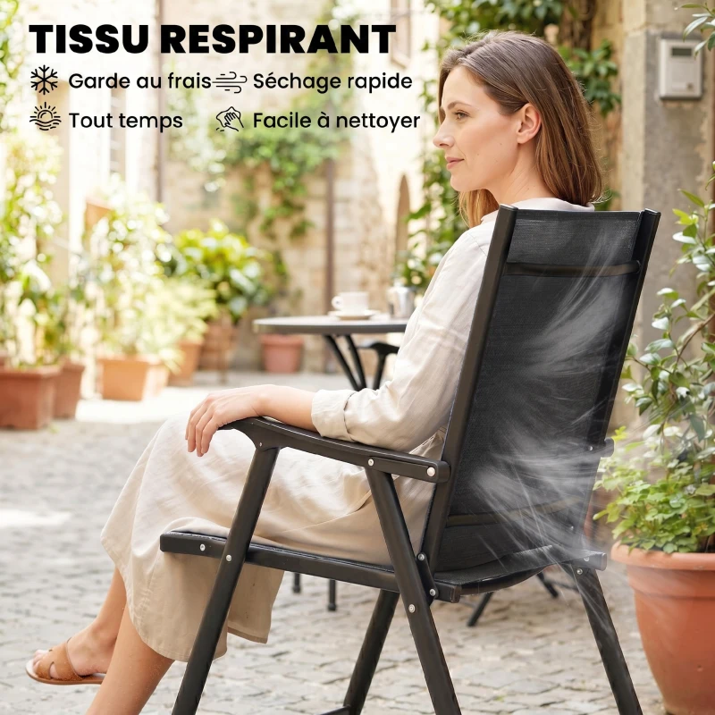 Outsunny Lot de 4 Chaises de Jardin Pliantes Structure Acier Robuste sans Montage Dossier Haut Ergonomique 58x62x97cm Noir