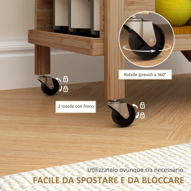 HOMCOM Carrello da Cucina Portavivande Pieghevole a 2 Livelli con Portabottiglie in Legno di Bambù