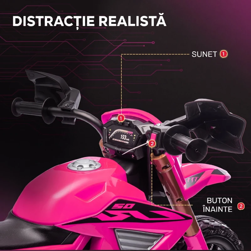AIYAPLAY Motocicletă Electrică pentru Copii 3-8 Ani, 2 Motoare 12V, cu Roți Ajutătoare și Claxon, 3 Km/h, 30 Kg, Roz