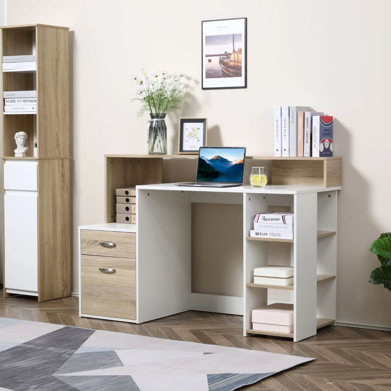 HOMCOM Mesa de Ordenador PC 137x55x92 cm Escritorio con Estantería de 3 Estantes 2 Cajones y Soporte para Impresora para Oficina Estudio Despacho Blanco y Roble