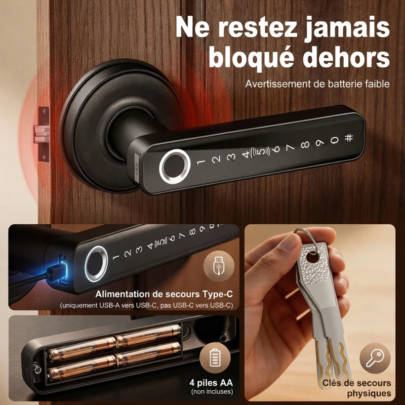 HOMCOM Serrure de Porte Intelligente, 5 Accès par Empreinte, Code, Carte NFC, Application Tuya/Smart Life et Clé, Noir