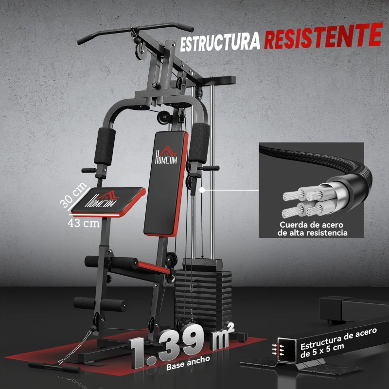 HOMCOM Máquina de Musculación con Pesas Ajustables de 65 kg Prensa de Pecho y Piernas Polea 135x103x210 cm Negro