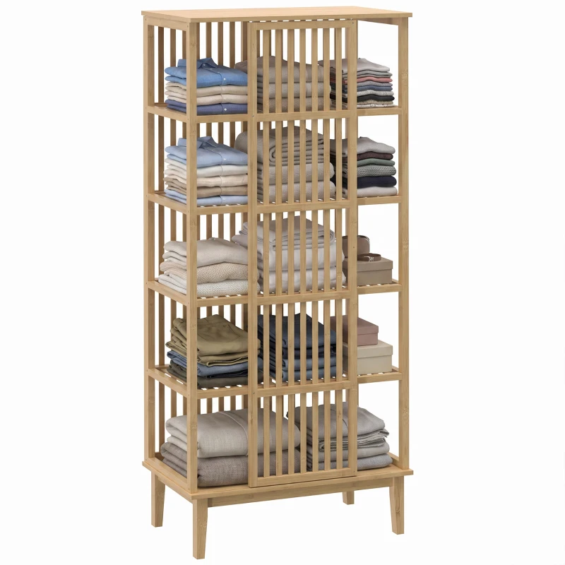 HOMCOM Armoire Chambre Penderie en Bambou 5 Niveaux avec Porte Coulissante, Design Aéré à Lattes, Bois Naturel