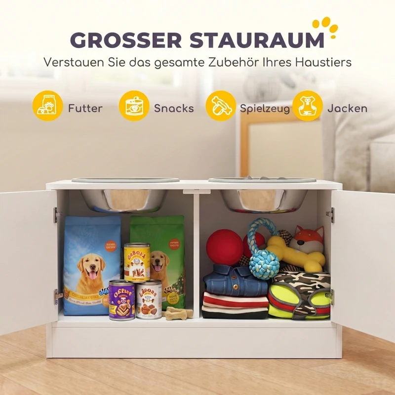 PawHut Hundefutterstation mit 2 Edelstahl-Näpfen, Schrank für Utensilien, für große Hunde, Zubehör, Weiß