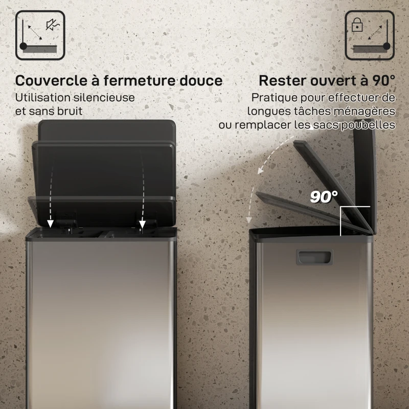 HOMCOM Poubelle à double compartiment 2 x 30L, poubelle cuisine à pédale, couvercle à fermeture douce, 47,5x37,5x67cm, argent