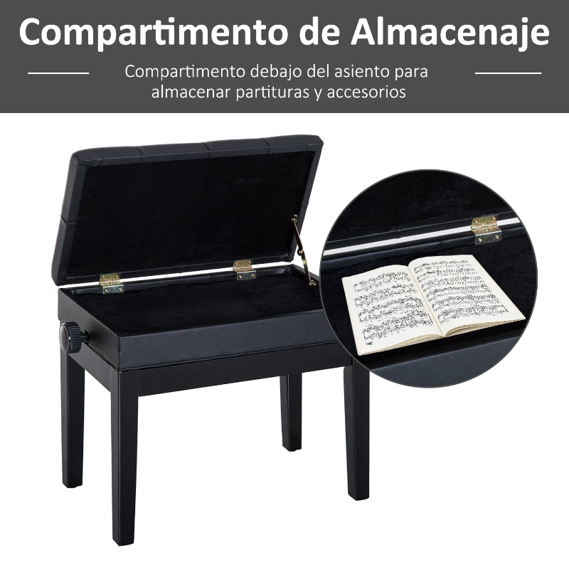 HOMCOM Banqueta para Piano Banco para Piano con Ajustable en Altura de 48 a 58 cm Espacio de Almacenamiento Patas de Madera Taburete para Teclado Acolchado 54,5x33x48-58 cm Negro