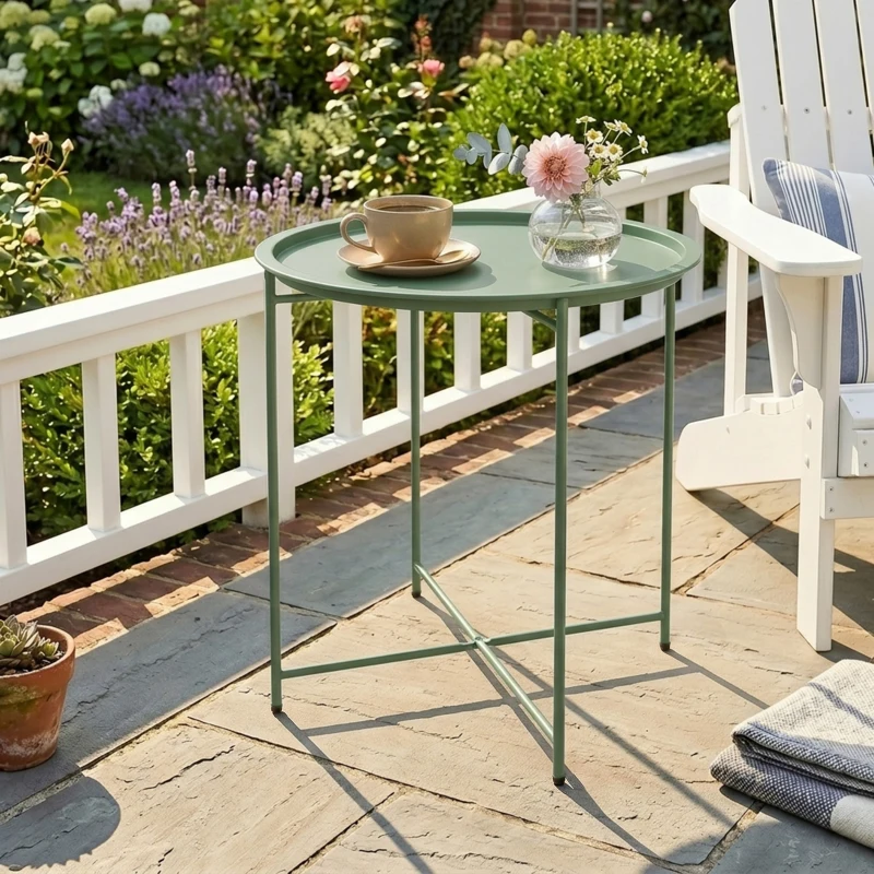 Outsunny Tavolino da Giardino con Vassoio Rimovibile e Gambe Pieghevoli in Acciaio, Ø46x50 cm, Verde