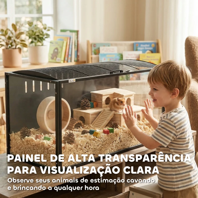 PawHut Gaiola Grande para Hamster 105x51x53 cm com Tampa Ventilada Rebatível Estrutura de Aço e Painéis Transparentes Preto